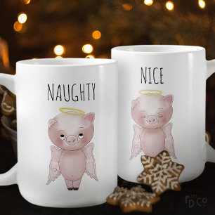 Naughty or Nice Cute Holiday Angel Pig Cartoon Coffee Mug