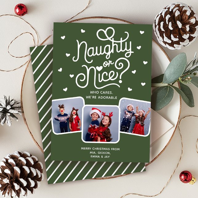 Naughty or Nice Funny Cute Sibling Family 3 Photo  Holiday Card (Creator Uploaded)