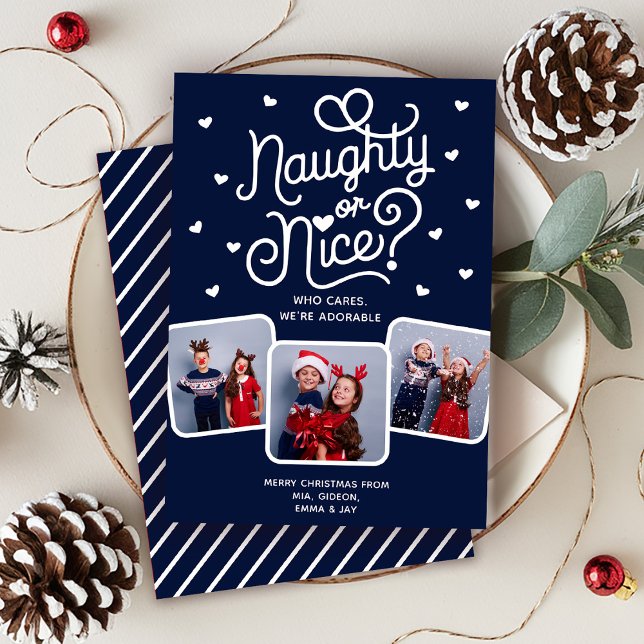 Naughty or Nice Funny Cute Sibling Family 3 Photo  Holiday Card (Creator Uploaded)