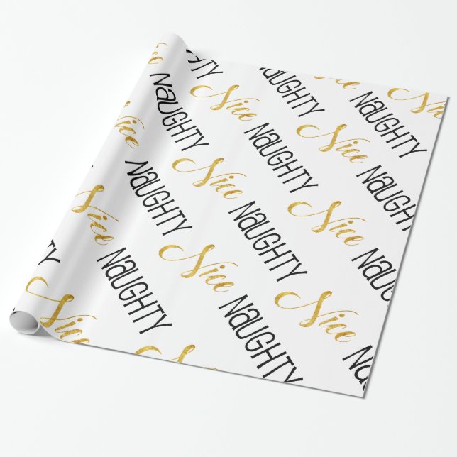 Naughty or Nice Gold Black Holiday Christmas White Wrapping Paper (Unrolled)