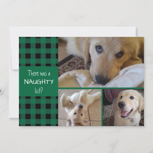 NAUGHTY OR NICE Green Plaid HAPPY HOLIDAYS 3 Photo Holiday Card (Front)