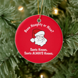 Naughty or Nice Santa Red Ceramic Ornament