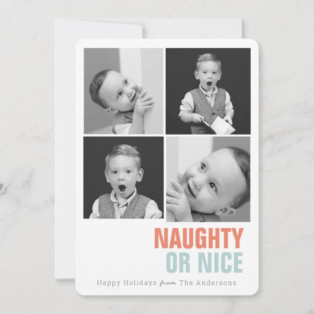 Naughty or Nice Simple 4 Photos Holiday Card (Front)