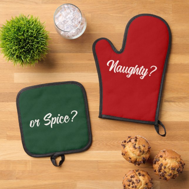 Naughty or Spice Funny Christmas Gift Red Green Oven Mitt & Pot Holder Set (Top Down)
