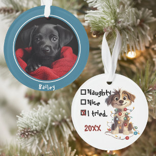 Naughty Puppy Santa Checklist Blue Ornament