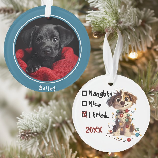 Naughty Puppy Santa Checklist Blue Ornament (Creator Uploaded)