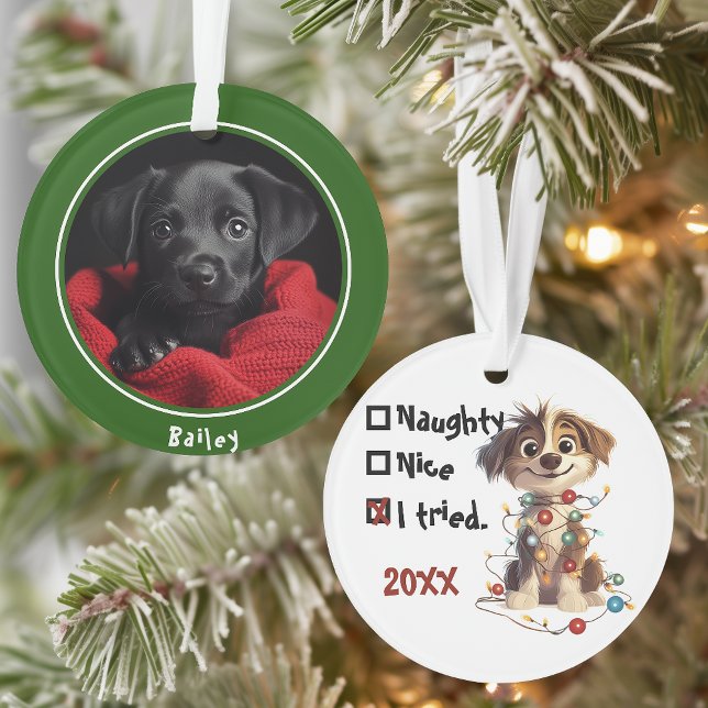 Naughty Puppy Santa Checklist Green Ornament (Creator Uploaded)