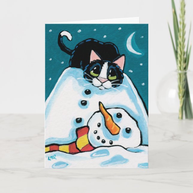 Naughty Tuxedo Cat and Headless Snowman Holiday Card (Front)