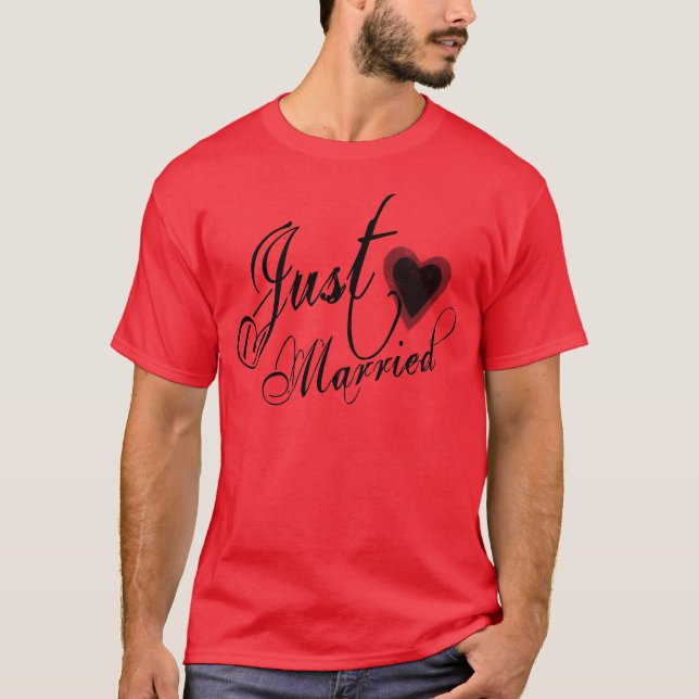 Naughy Grunge Script - Just Married Heart Black T-Shirt (Front)