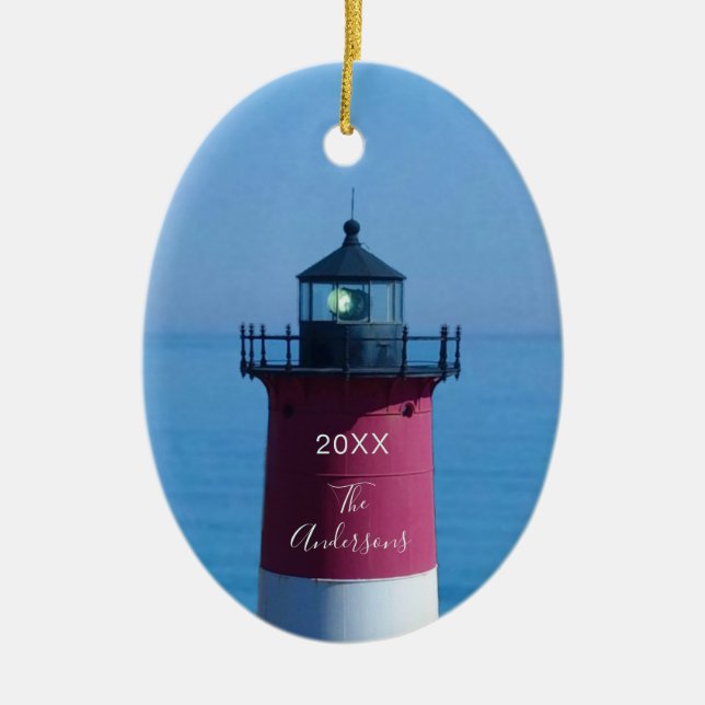 Nauset Lighthouse Dated Script Name Ceramic Ornament (Front)