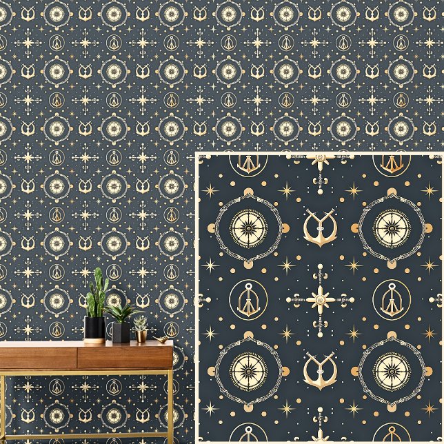 Nautical 0ff-White Anchor & Compass Dark Grey Blue Wallpaper (Creator Uploaded)