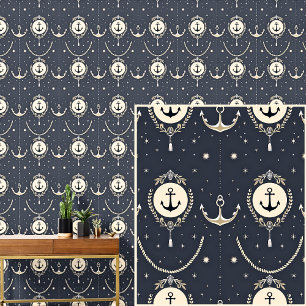 Nautical 0ff-White Anchor Design Dark Grey / Blue Wallpaper