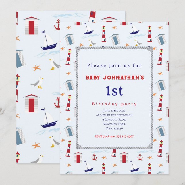 Nautical 1st Birthday Sailboat Birthday Party Invitation (Front/Back)