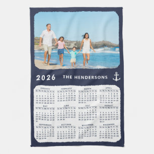 Nautical 2025 Calendar Family Photo Navy Blue Tea Towel