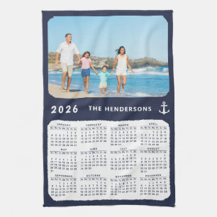 Nautical 2026 Calendar Family Photo Navy Blue Tea Towel