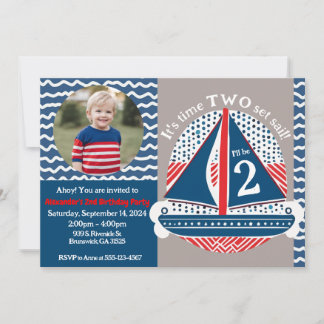 Nautical 2nd Birthday Time Two Set Sail Boat Wavy  Invitation