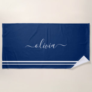 Nautical Add Name Script Navy Blue Striped Beach Towel
