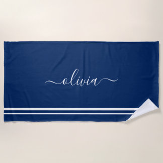 Nautical Add Name Script Navy Blue Striped Beach Towel