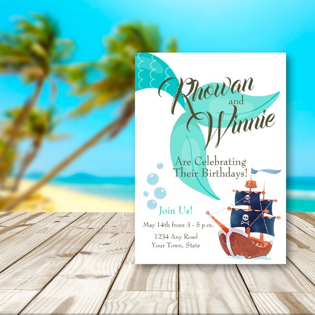 Nautical Adventure Mermaid & Pirate Dual Birthday  Invitation (Cute pirate and mermaid invitation for a dual kids summer birthday party!)