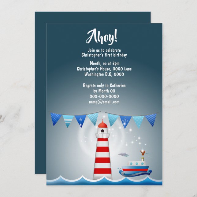 Nautical ahoy blue ship lighthouse sea boys invitation (Front/Back)