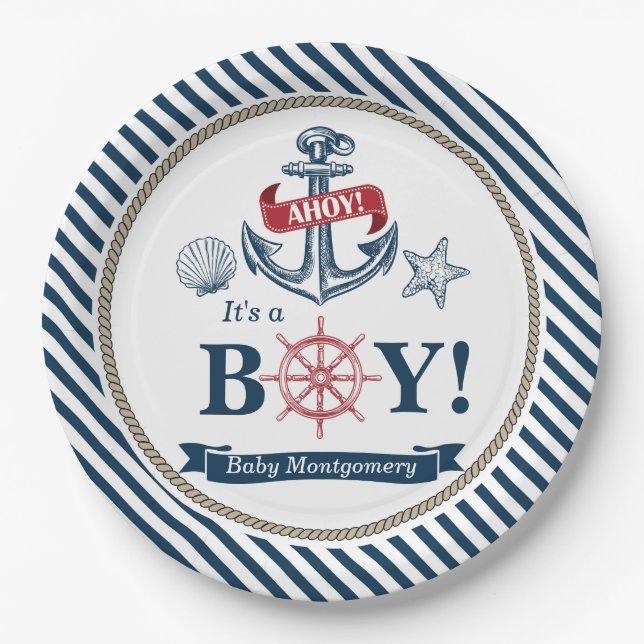 Nautical Ahoy It's A Boy Baby Shower Paper Plates (Front)