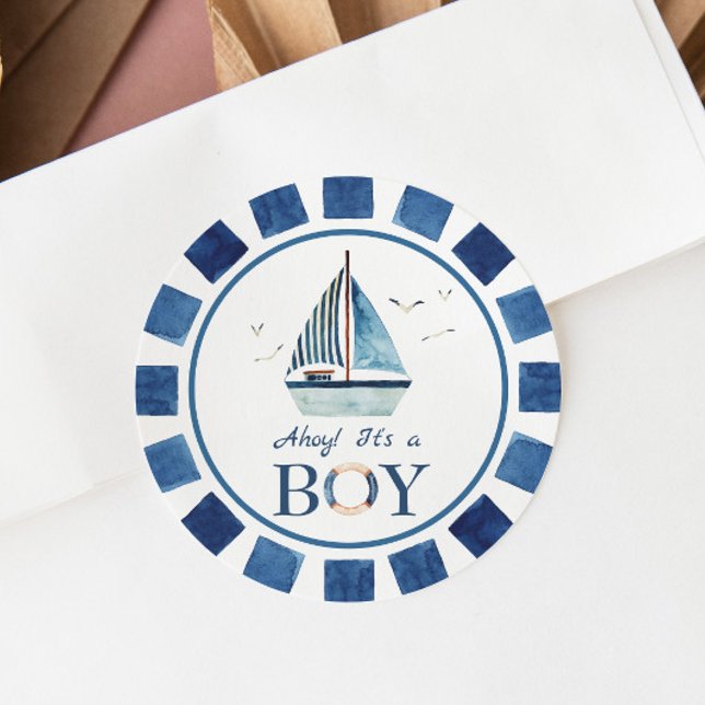 Nautical Ahoy! It's a Boy Boat Baby Shower  Classic Round Sticker (Creator Uploaded)