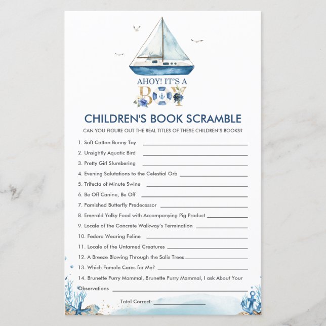 Nautical Ahoy It's a Boy Children's Book Scramble  (Front)