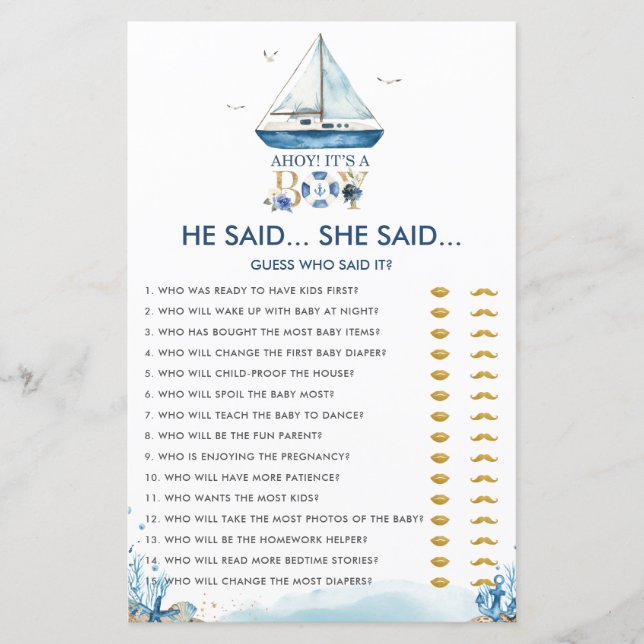 Nautical Ahoy It's a Boy He Said She Said Game (Front)
