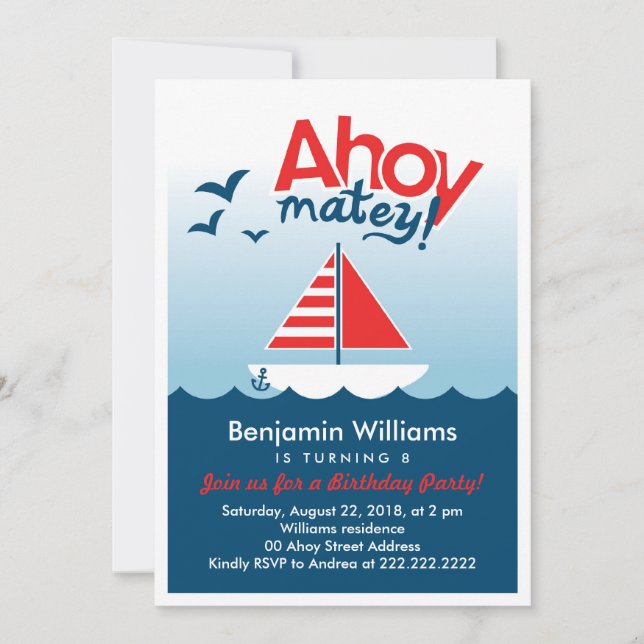 Nautical Ahoy Matey Birthday Party Invite (Front)