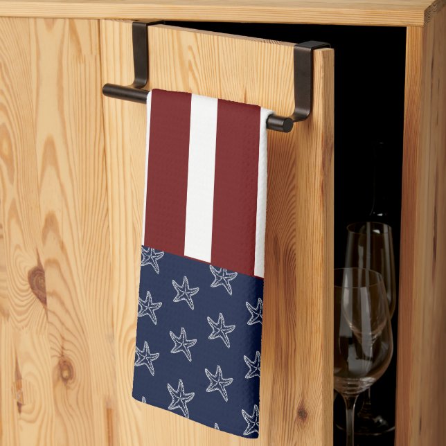 Nautical American Flag Red White Blue Starfish  Ki Tea Towel (Thirds Fold)