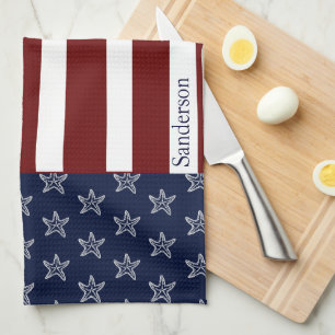 Nautical American Flag Red White Blue Starfish  Tea Towel