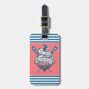 Nautical Anchor 1st Mate Name   Coral Blue Stripe Luggage Tag
