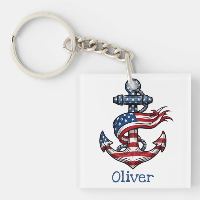 Nautical Anchor American Flag  Key Ring (Front)