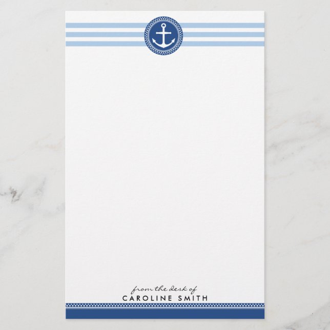 Nautical anchor and blue stripes personalised stationery (Front)