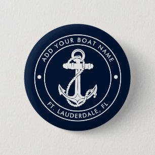 Nautical Anchor and Boat Name Navy Blue Custom 6 Cm Round Badge