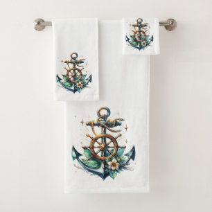 Nautical Anchor and Captains Wheel Bath Towel Set