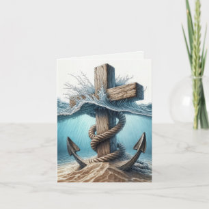 Nautical Anchor and Cross In Ocean Water Card