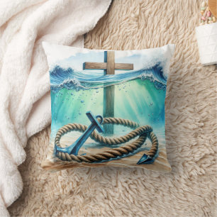 Nautical Anchor and Cross In Ocean Water Cushion