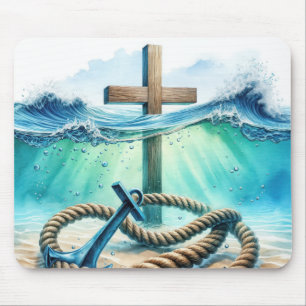Nautical Anchor and Cross In Ocean Water Mouse Pad