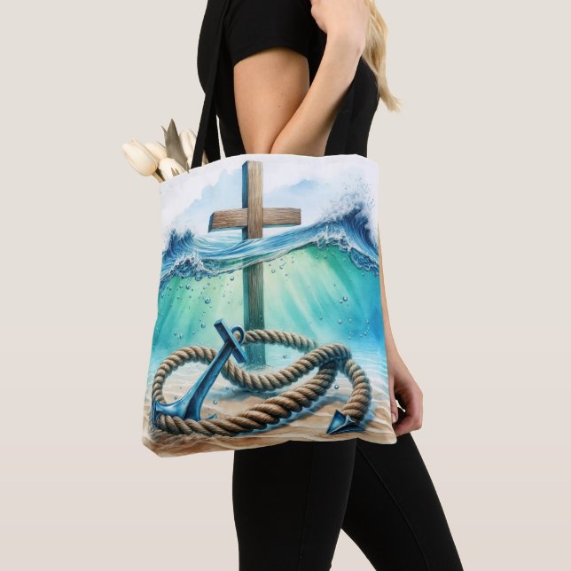 Nautical Anchor and Cross In Ocean Water Tote Bag (Close Up)