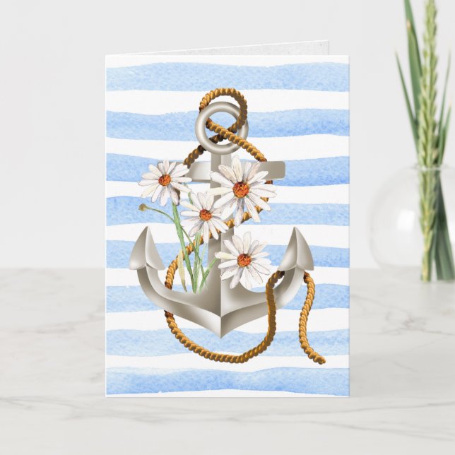 nautical anchor and daisy bouquet on stripe card (Front)