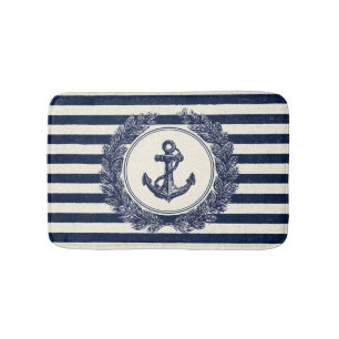 Nautical Anchor and Laurel Wreath on Navy Stripes Bath Mat