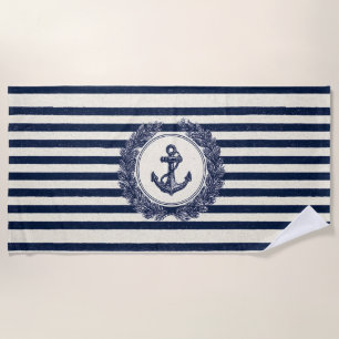 Nautical Anchor and Laurel Wreath on Navy Stripes Beach Towel