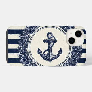 Nautical Anchor and Laurel Wreath on Navy Stripes iPhone 14 Case