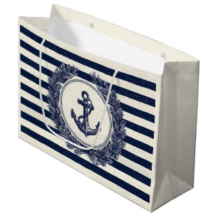 Nautical Anchor and Laurel Wreath on Navy Stripes Large Gift Bag