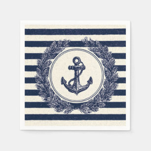Nautical Anchor and Laurel Wreath on Navy Stripes Napkin