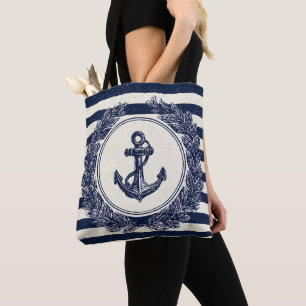 Nautical Anchor and Laurel Wreath on Navy Stripes Tote Bag