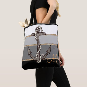 Nautical Anchor and Rope (black gradient/monogram) Tote Bag