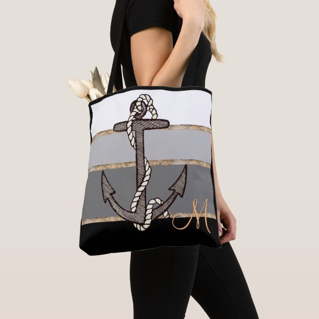 Nautical Anchor and Rope (black gradient/monogram) Tote Bag (Close Up)