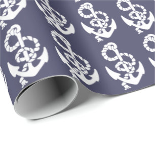 Nautical Anchor And Rope In Blue And White Wrapping Paper